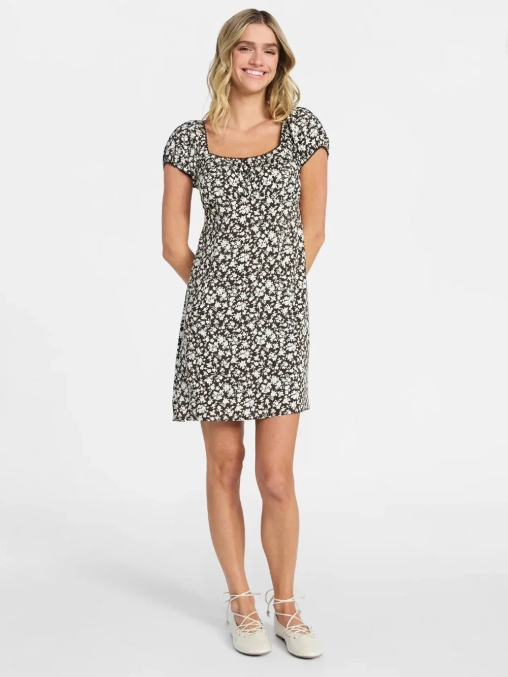 Brown Floral Square-Neck Mini Dress, NEW - Picture 2 of 9